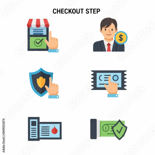 Checkout Step Icons Illustrating Online Purchase Process.