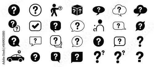 Black question mark icons set, showcasing FAQ symbols and various question mark designs