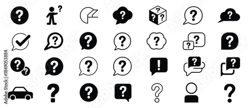 Black question mark icons set, featuring FAQ symbols and question marks in clean vector style, ideal for help sections, support pages, user interface, and information design