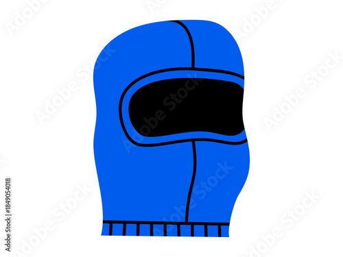 Hand drawn cute illustration of ski balaclava. Flat vector winter sport head protection doodle. Mountain vacation gear sticker. Holiday recreation activity. Cold season wear. Isolated.