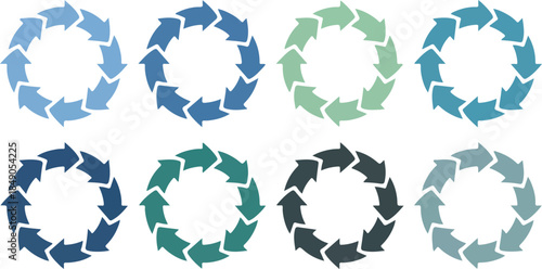 Eight Continuous Circular Arrow Cycles Representing Flow and Perpetual Motion Graphics