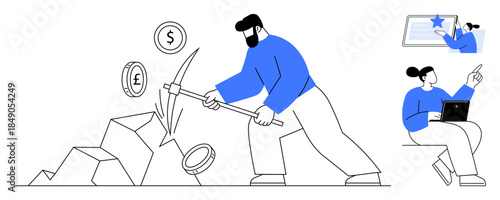 Cryptocurrency, financial investment, business management, teamwork, digital productivity, economic growth. Man mining currency symbols and woman working on laptop with teamwork illustration