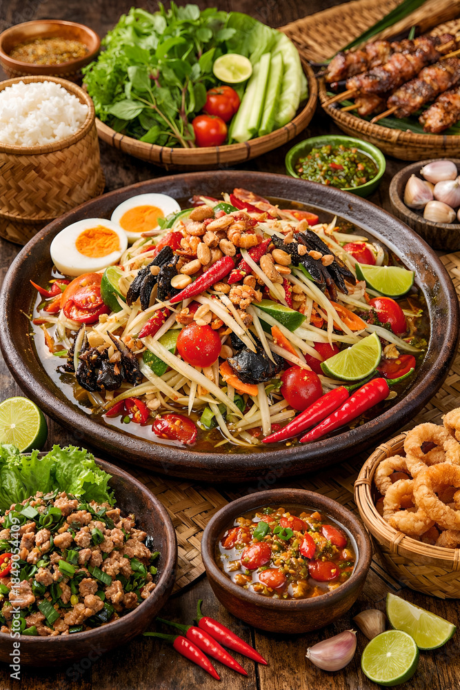 Fototapeta premium la salada de papaya y las comida tradicional laosiano 