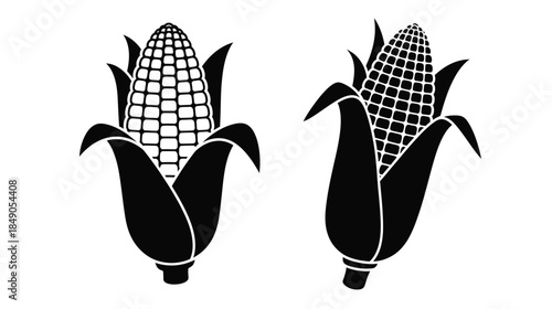 Two black and white illustrations of corn cobs with green husks