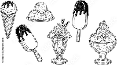 Ice cream vector sketch desserts. Hand drawn wafer cone, gelato, chocolate glazed, sundae, and ice cream served in a glass bowl. Transparent background PNG cutout