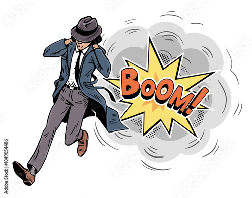 Retro agent running away from comic explosion boom
