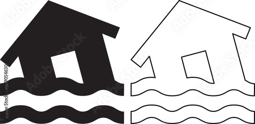 House flooding icon set, home natural disaster insurance symbols for water damage and rising sea levels, isolated vector illustration.