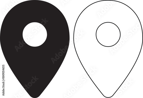 Black and white location pin icons set, map marker pointer symbols for navigation and GPS tracking, isolated vector illustration.