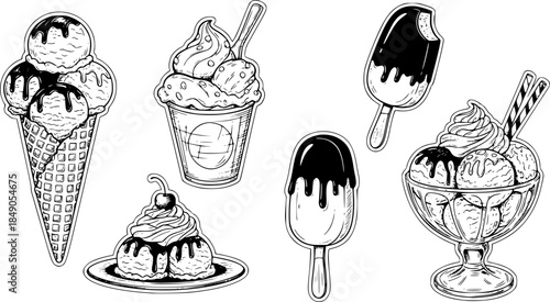 Ice cream vector sketch desserts. Hand drawn wafer cone, gelato, chocolate glazed, sundae, and ice cream served in a glass bowl. Transparent background PNG cutout