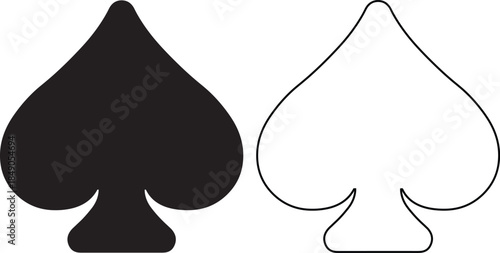 Black solid and outline spade suit icons for playing cards gambling and casino games isolated on white background