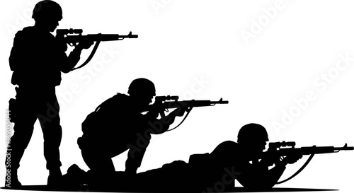 Black Silhouette of Three Soldiers in Different Tactical Positions Aiming Rifles with Scopes During a Military Mission on White Background