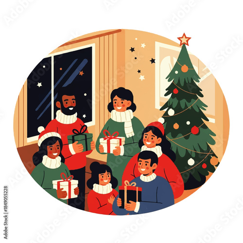Diverse family sharing festive joy and exchanging thoughtfully wrapped presents by a decorated Christmas tree, celebrating togetherness during the holiday season