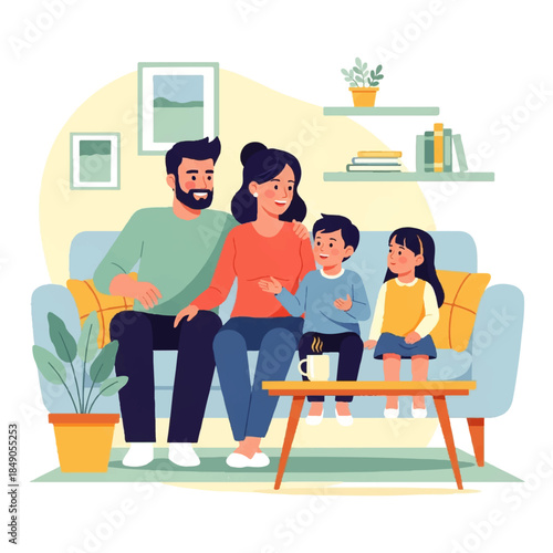 Happy family relaxing together on a comfortable sofa, enjoying quality time indoors