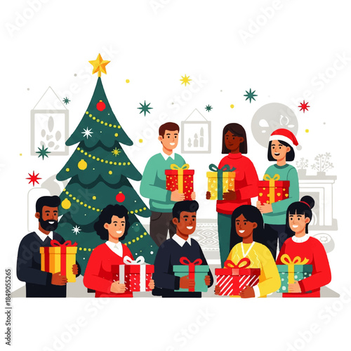 Joyful Holiday Celebration Diverse Group of Friends and Family Exchange Presents by a Beautifully Decorated Christmas Tree in a Cozy Home Setting