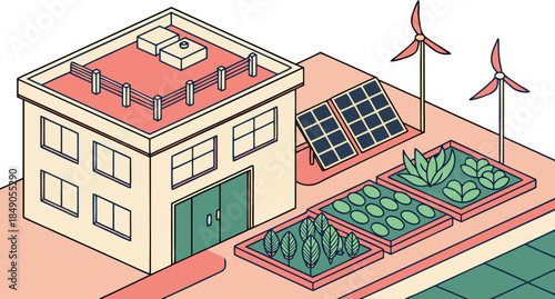 Sustainable eco friendly house with solar panels and wind turbines