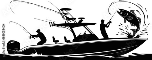 Black Silhouette of Two Fishermen on a Speedboat Catching a Large Fish Jumping Out of the Water on White Background