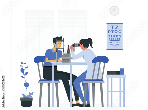 Eye exam in optometrist office with patient and doctor vision test