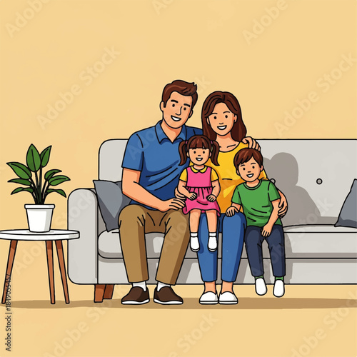 A vibrant illustration of a happy family, parents and two children, sitting together on a comfortable sofa in their cozy living room, radiating warmth and togetherness