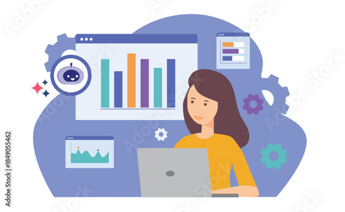Woman analyzing financial data with AI technology. AI robot assistant for data analysis, stock trading and investment