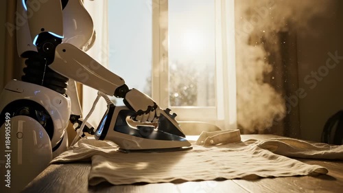 Robot irons clothing with steam iron at home. Humanoid robot uses iron on fabric in room. Robot performs household ironing task with steam iron near window with curtain and sunlight streaming through.