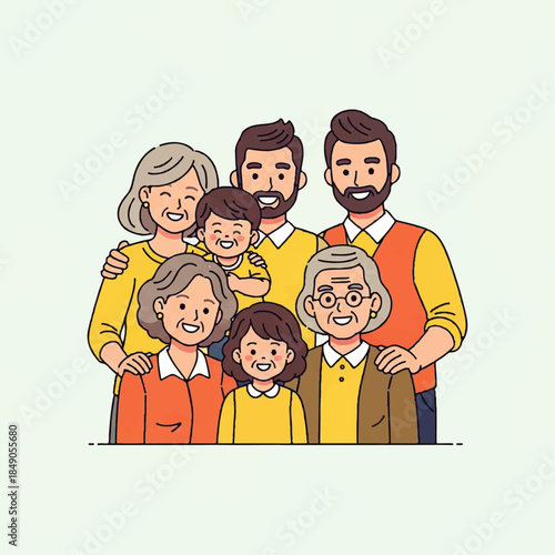 A delightful illustration capturing the warmth and connection of a multi-generational family, showcasing love and unity through their smiling faces and comforting embrace