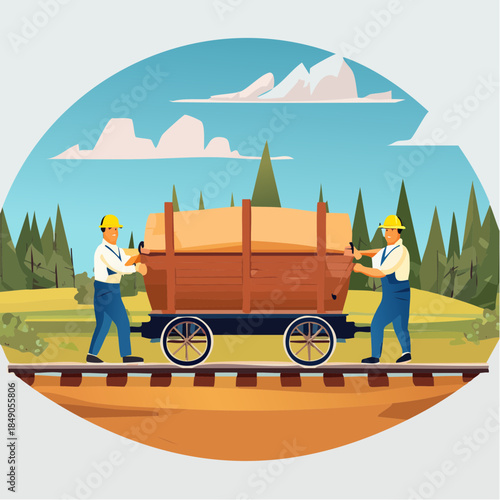 Workers push cart with lumber on train tracks