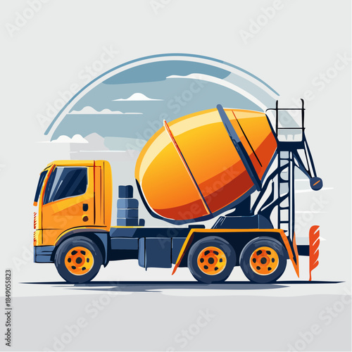 Yellow concrete mixer truck on gray background