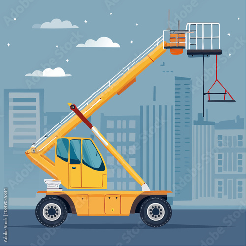 Yellow construction lift with platform and city background