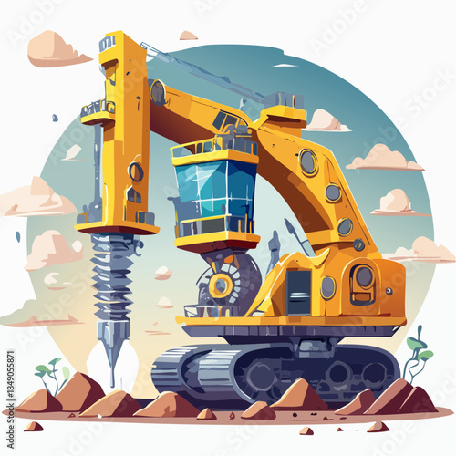 Yellow excavator drilling in earth