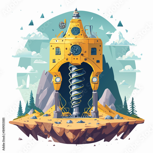 Yellow drilling tower on floating island