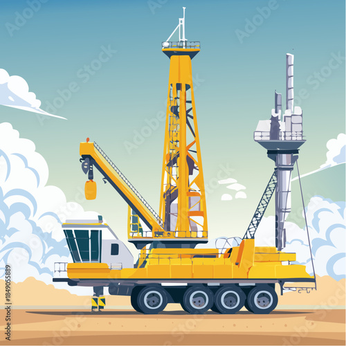 Yellow drilling rig on sandy ground
