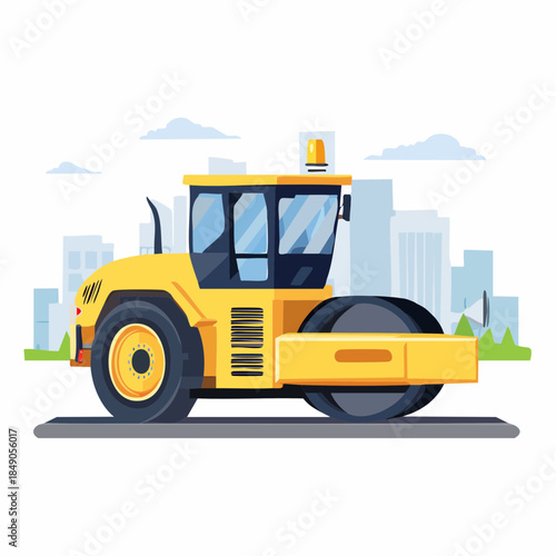 Yellow road roller working in city background