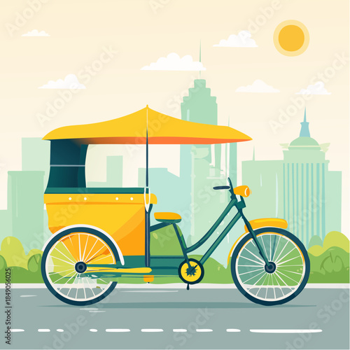 Yellow rickshaw on city street