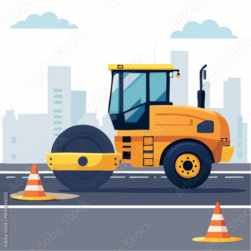 Yellow road roller working on city street