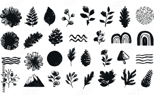 Hand Drawn Nature Vector Elements Set: Flowers, Leaves, Pine Cones, and Mountains