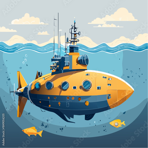 Yellow submarine underwater with fish and clouds