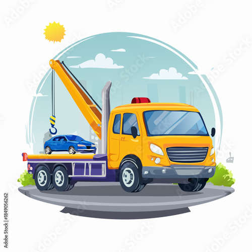 Yellow tow truck carrying blue car on road