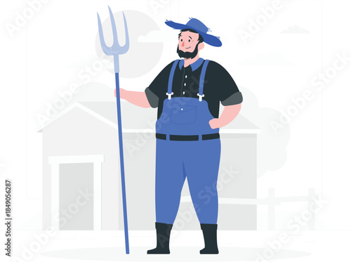 Farmer in blue overalls holding pitchfork