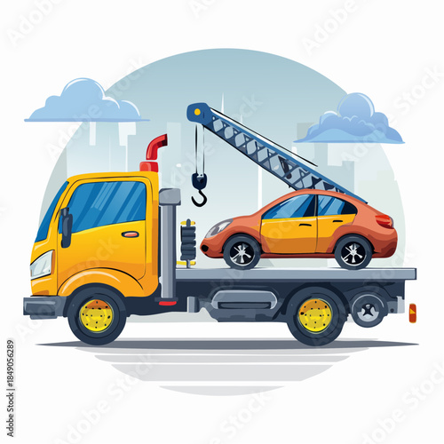 Yellow tow truck carrying car with city backdrop