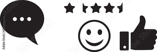  Review icon set. Containing feedback, rating, satisfaction, like icons. Vector illustration.