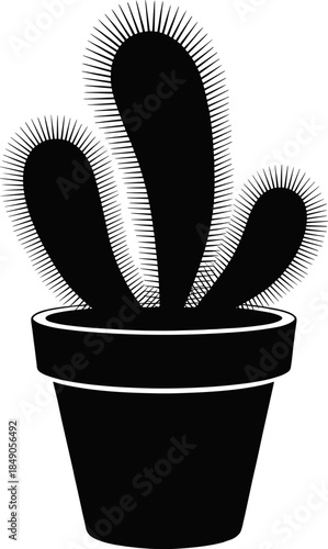 Black Silhouette Vector Illustration of Three Spiky Desert Cactus Plants Growing in a Single Ceramic Pot on a White Background