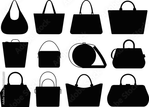 Black Silhouette Vector Illustration Set of Twelve Different Women Fashion Handbags Purses and Tote Bags Isolated on White Background Surfacet