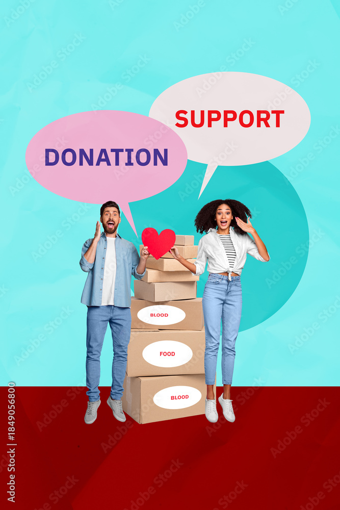 Naklejka premium Trend artwork sketch design collage of secondhand pile box food charity foundation young man lady stand hand hold heart donation support