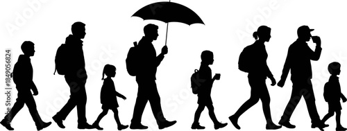 Black Silhouette Vector of a Diverse Group of People and Children with Backpacks Walking in a Row on White Background