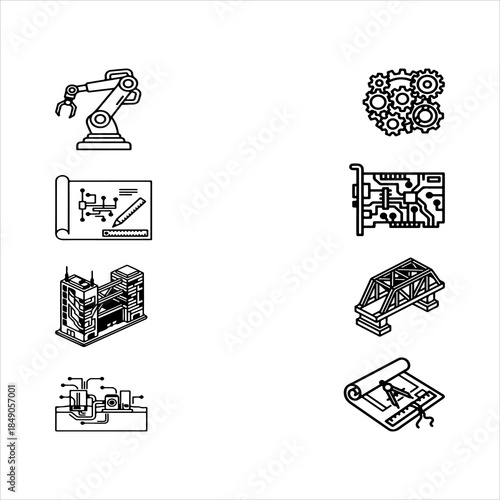 A Technical Innovative Engineering Icon Symbol, Showcasing Design and Construction Process in a Flat Design Minimalist Vector.