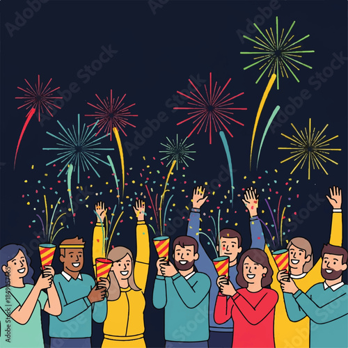 Festive celebration with diverse group of people enjoying fireworks and confetti, ringing in the new year or special occasion with joy and excitement