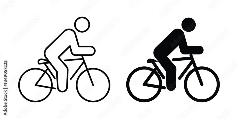 Fototapeta premium Bicycle rider icon set. bicycle black silhouette and editable stroke line icon. cycling icon, Bike symbol with rider on road.