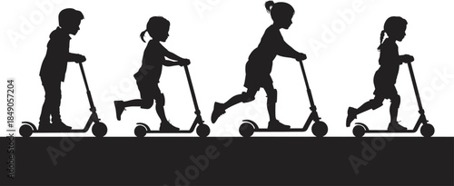 Black Silhouette Vector of a Group of Four Active Children Riding Kick Scooters in a Row Isolated on White Background Surface