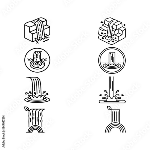 A Spectacular Natural Waterfall Icon Symbol, Showcasing Purity and Water Flow Energy in a Flat Design Minimalist Vector for Nature Success Environment River Mountain Cascade Adventure.