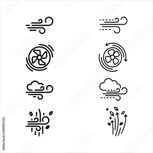 A Dynamic Airy Wind Blowing Icon Symbol, Showcasing Movement and Renewable Energy Flow in a Flat Design Minimalist Vector for Weather Environment Success Power Climate Atmosphere Breeze.